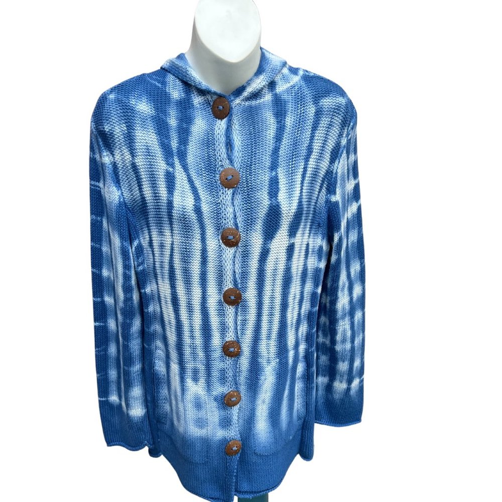 Pure Sweater Handknit NWT Tie Dye L/Sleeve Wood Button Hooded Blue & White S
